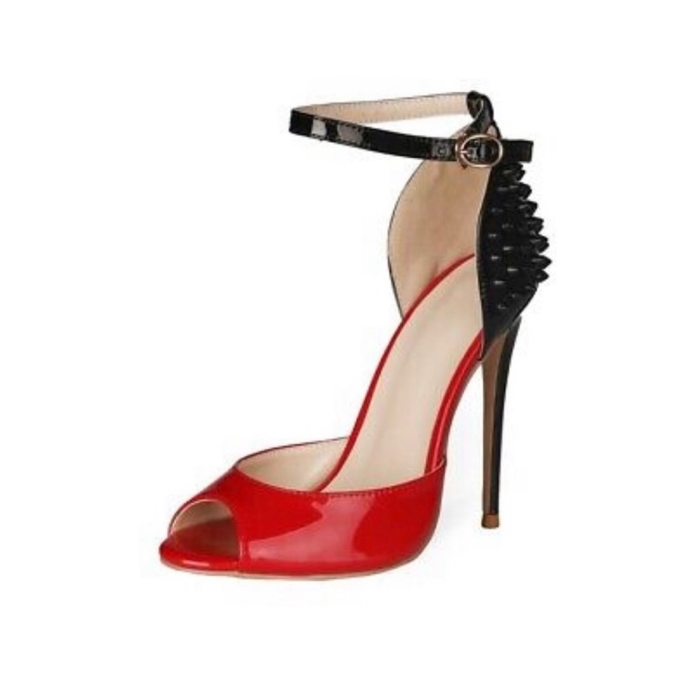 WOMEN PEEP TOE BUCKLE ANKLE STRAP STUDDED STILETTO HIGH HEELS